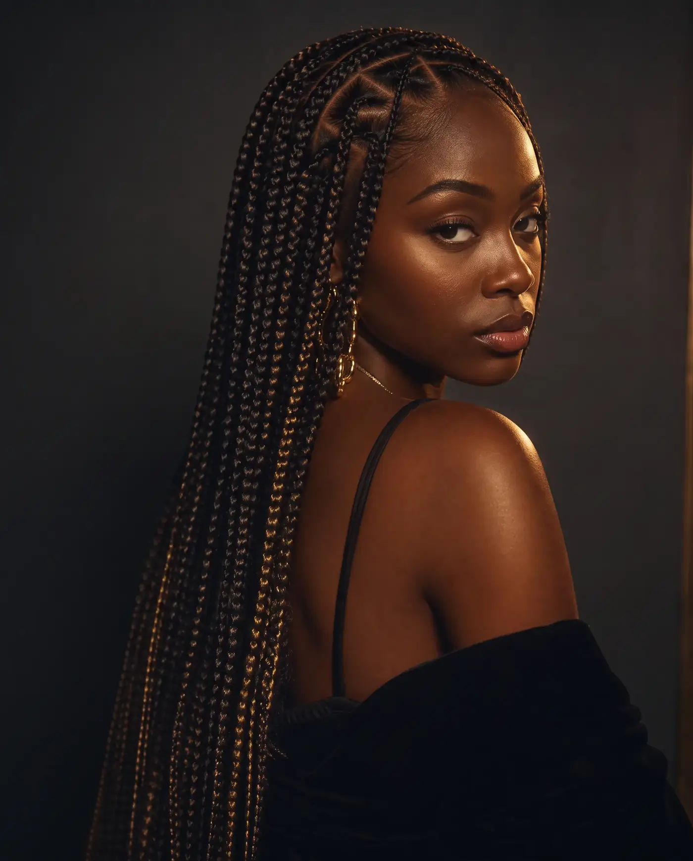 ONOMZ client wearing long, meticulously styled knotless braids