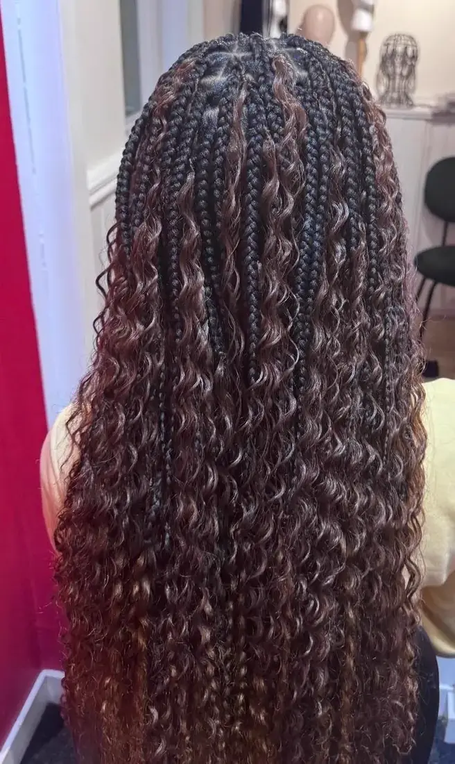 Long dark boho knotless braids installed in Aberdeen